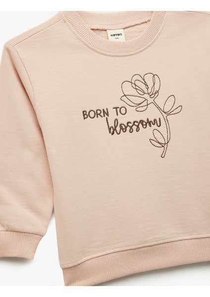 Şardonlu Uzun Kollu Bisiklet Yaka Nakışlı Pamuklu Sweatshirt modelleri