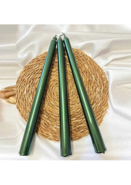 3'lü Metalik Yeşil -Şamdan Mum-Konik Mum
