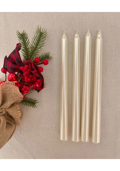 4'lü Metalik Inci Beyaz-Şamdan Mum-Konik Mum