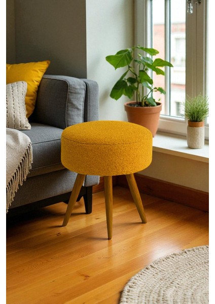 Elvıora Teddy Peluş Kumaşlı Yuvarlak Puf Bench – Retro Ahşap Ayaklı, Dekoratif ve Konforlu Tabure