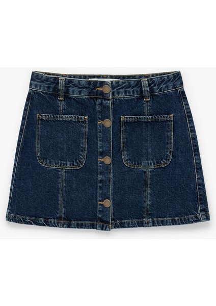 Pamuklu Düğmeli Cep Detaylı Mini Denim Etek