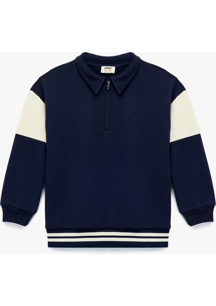 Şardonlu Uzun Kollu Fermuar Detaylı Polo Yaka Sweatshirt