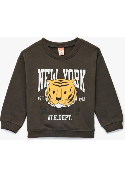 Şardonlu Uzun Kollu Bisiklet Yaka Kaplan Baskılı Sweatshirt