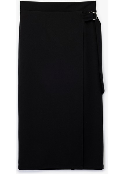 Krep Scuba Kumaş Metal Aksesuarlı Midi Kruvaze Etek