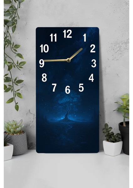 Gece Manzaralı Ağaç Temalı Mdf Dikdörtgen Duvar Saati – 30X60 Cm, Uv Baskı– USD044