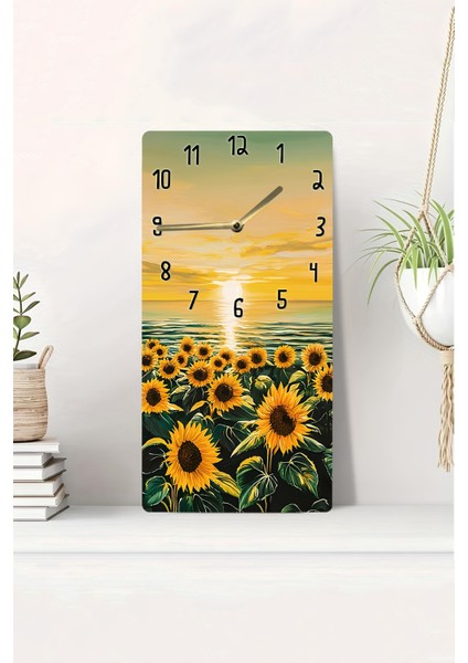 Mdf Dikdörtgen Duvar Saati – 30X60 cm Günebakan Çiçekli Günbatımı Tasarım Uv Baskı – USD013
