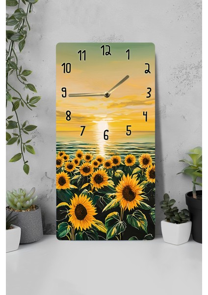 Mdf Dikdörtgen Duvar Saati – 30X60 cm Günebakan Çiçekli Günbatımı Tasarım Uv Baskı – USD013