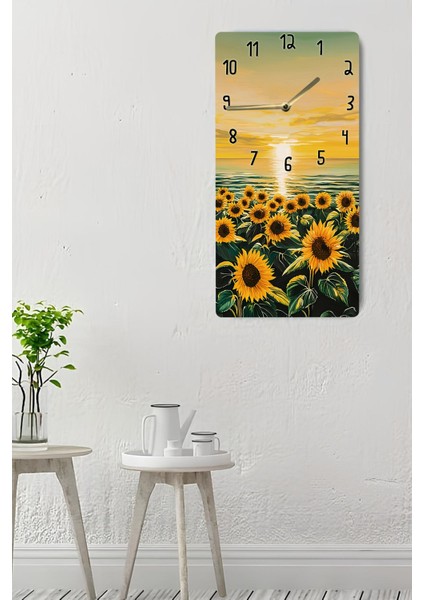 Mdf Dikdörtgen Duvar Saati – 30X60 cm Günebakan Çiçekli Günbatımı Tasarım Uv Baskı – USD013