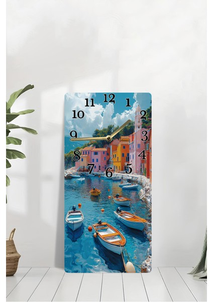 Mdf Dikdörtgen Duvar Saati Uv Baskı – 30X60 cm Renkli Sahil Kasabası Tasarımı – USD003 modelleri