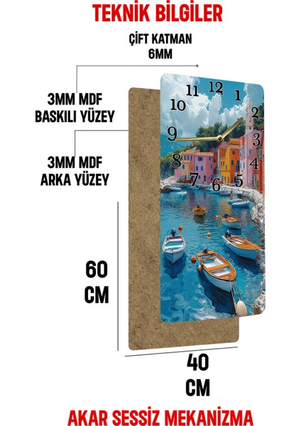 Mdf Dikdörtgen Duvar Saati Uv Baskı – 30X60 cm Renkli Sahil Kasabası Tasarımı – USD003 indirimleri