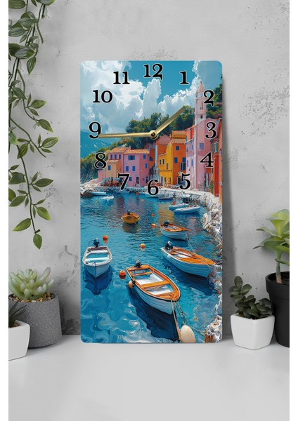 Mdf Dikdörtgen Duvar Saati Uv Baskı – 30X60 cm Renkli Sahil Kasabası Tasarımı – USD003
