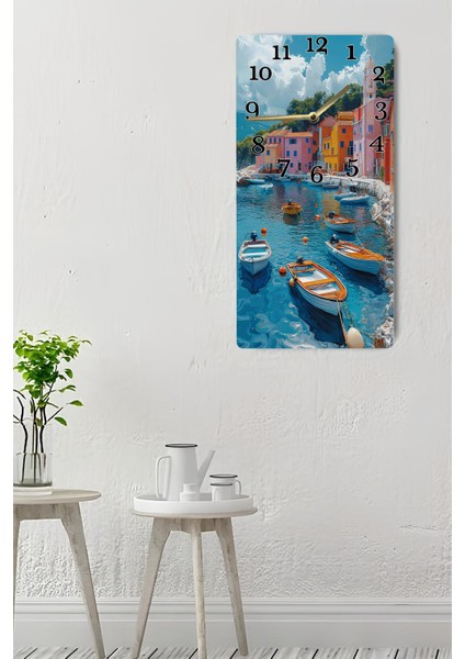Mdf Dikdörtgen Duvar Saati Uv Baskı – 30X60 cm Renkli Sahil Kasabası Tasarımı – USD003
