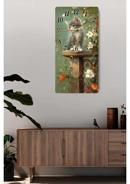 Sevimli Kedi ve Çiçek Temalı Mdf Dikdörtgen Duvar Saati – 30X60 cm Uv Baskı – USD059 fiyatları