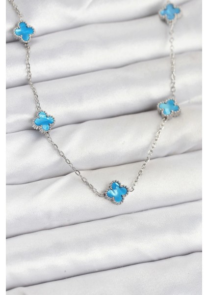 316L Çelik Zincir Gümüş Renk Buz Mavisi Baby Boy Yonca Kadın Kolye