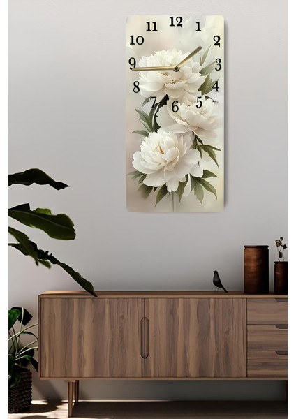 Beyaz Çiçek Desenli Mdf Dikdörtgen Duvar Saati – 30X60 Cm, Uv Baskı – USD047 fiyatları