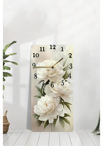 Beyaz Çiçek Desenli Mdf Dikdörtgen Duvar Saati – 30X60 Cm, Uv Baskı – USD047 modelleri