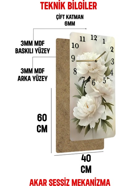 Beyaz Çiçek Desenli Mdf Dikdörtgen Duvar Saati – 30X60 Cm, Uv Baskı – USD047 indirimleri