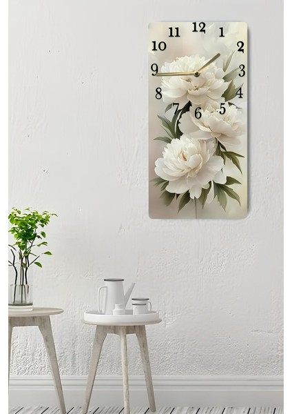 Beyaz Çiçek Desenli Mdf Dikdörtgen Duvar Saati – 30X60 Cm, Uv Baskı – USD047