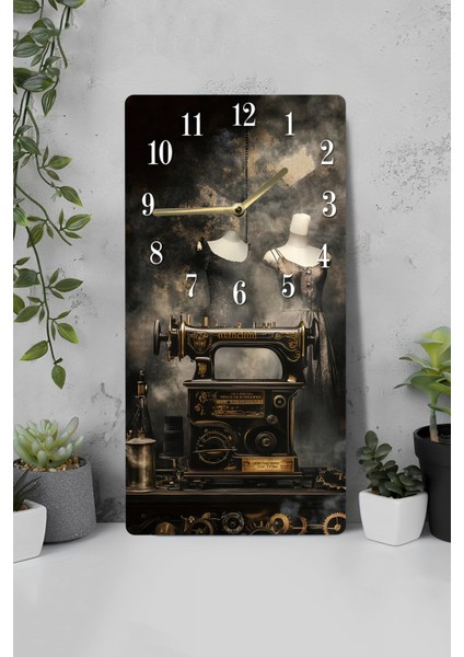 Mdf Dikdörtgen Dikiş Makinesi Desenli Uv Baskı Sessiz Duvar Saati 30X60 cm – USD027