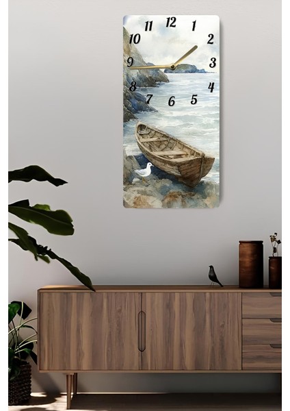 Dekoratif Mdf Dikdörtgen Duvar Saati – Tekne ve Deniz Manzaralı Tasarım (30X60 Cm)– USD036 fiyatları