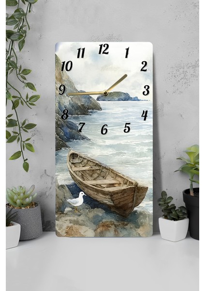 Dekoratif Mdf Dikdörtgen Duvar Saati – Tekne ve Deniz Manzaralı Tasarım (30X60 Cm)– USD036