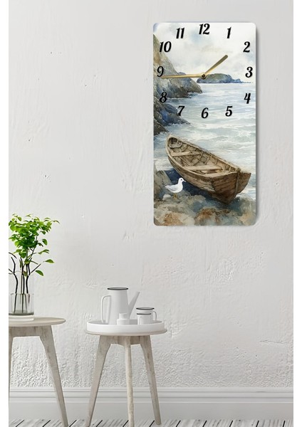 Dekoratif Mdf Dikdörtgen Duvar Saati – Tekne ve Deniz Manzaralı Tasarım (30X60 Cm)– USD036