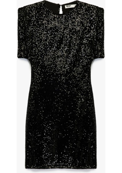 Slim Fit Kısa Yarasa Kollu Bisiklet Yaka Payetli Mini Elbise