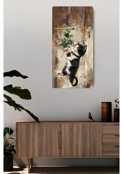 Sevimli Siyah Beyaz Kedi Desenli Mdf Dikdörtgen Duvar Saati – 30X60 cm Uv Baskı – USD058 fiyatları