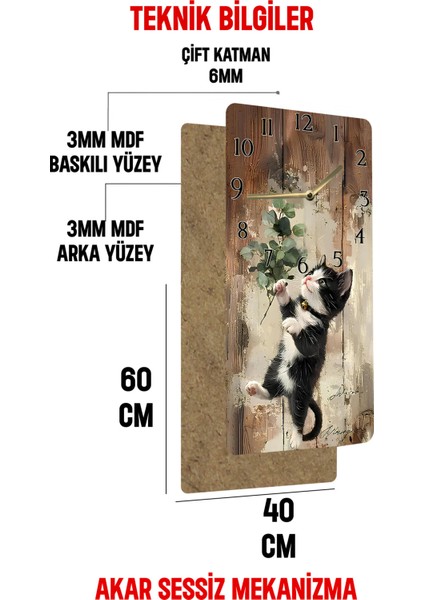 Sevimli Siyah Beyaz Kedi Desenli Mdf Dikdörtgen Duvar Saati – 30X60 cm Uv Baskı – USD058 indirimleri