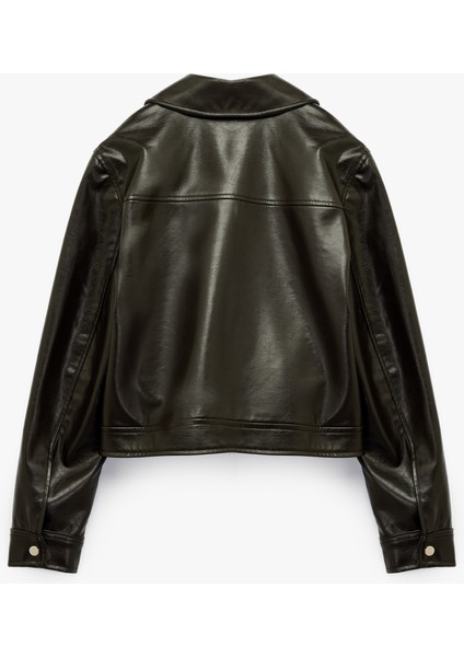 Fermuarlı Uzun Kollu Gömlek Yaka Cepli Crop Suni Deri Ceket fiyatları