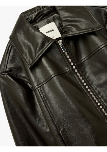 Fermuarlı Uzun Kollu Gömlek Yaka Cepli Crop Suni Deri Ceket modelleri