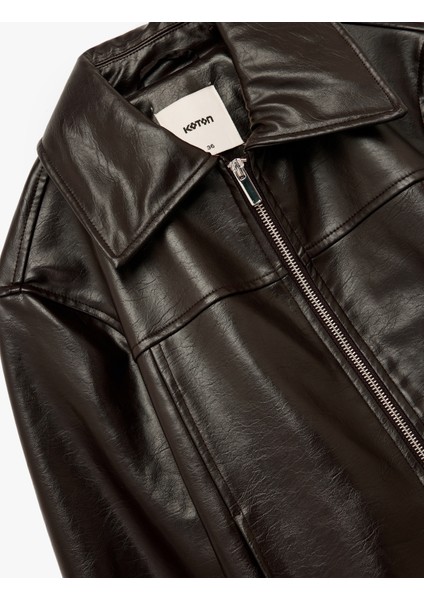 Fermuarlı Uzun Kollu Gömlek Yaka Cepli Crop Suni Deri Ceket indirimleri