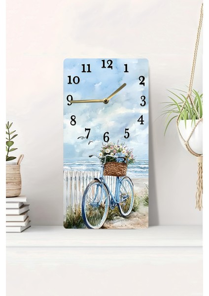 Mdf Dikdörtgen Saat – Bisiklet ve Deniz Manzaralı Tasarım (30X60 Cm) – USD066