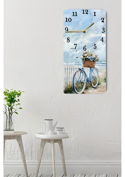 Mdf Dikdörtgen Saat – Bisiklet ve Deniz Manzaralı Tasarım (30X60 Cm) – USD066
