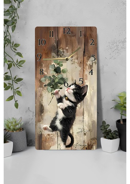 Sevimli Siyah Beyaz Kedi Desenli Mdf Dikdörtgen Duvar Saati – 30X60 cm Uv Baskı – USD058