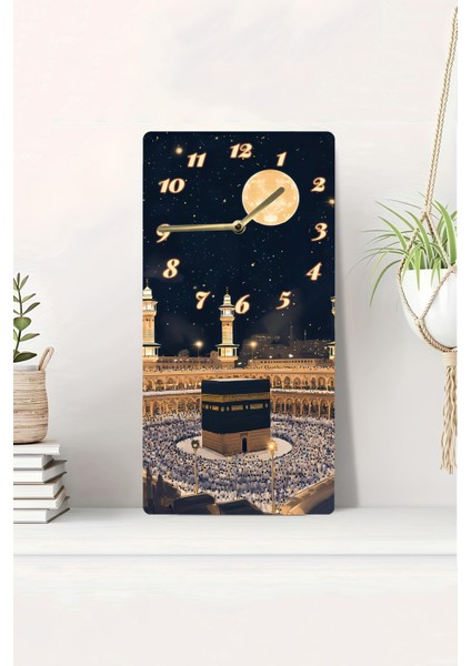 Mdf Dikdörtgen Duvar Saati – 30X60 cm Kâbe ve Gece Manzaralı Uv Baskı – USD006