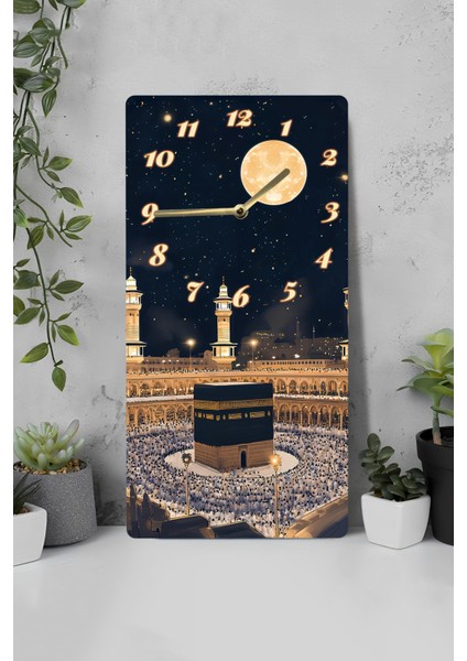 Mdf Dikdörtgen Duvar Saati – 30X60 cm Kâbe ve Gece Manzaralı Uv Baskı – USD006