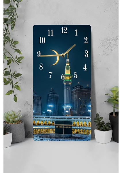 Mdf Dikdörtgen Duvar Saati – Kâbe ve Mescid-I Haram Manzaralı – 30X60 cm Uv Baskı – USD029