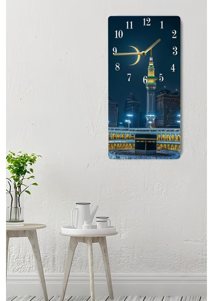 Mdf Dikdörtgen Duvar Saati – Kâbe ve Mescid-I Haram Manzaralı – 30X60 cm Uv Baskı – USD029