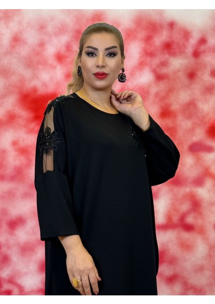 Elbise Siyah Üç Iplik Pamuk Elbise – Dantel ve Taş Işlemeli, Yan Cepli Diz Altı Özel Gün modelleri