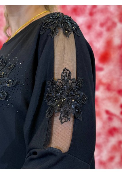 Elbise Siyah Üç Iplik Pamuk Elbise – Dantel ve Taş Işlemeli, Yan Cepli Diz Altı Özel Gün fırsatları