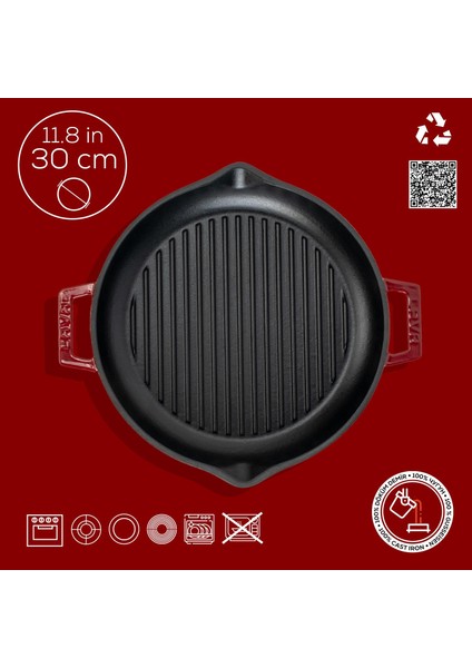 Döküm Yuvarlak Izgara Tavası Döküm Demir Yekpare Çift Kulplu ÇAP(Ø)30CM.-BORDO fırsatları