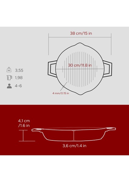 Döküm Yuvarlak Izgara Tavası Döküm Demir Yekpare Çift Kulplu ÇAP(Ø)30CM.-BORDO indirimleri