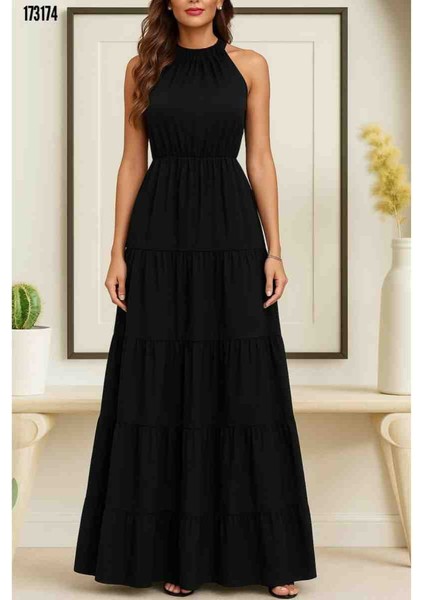 Kadın Kolsuz Halter Yaka Beli Lastik Desenli Mikro Elbise, Kırmızı Gül Figürlü Kolye Hediye