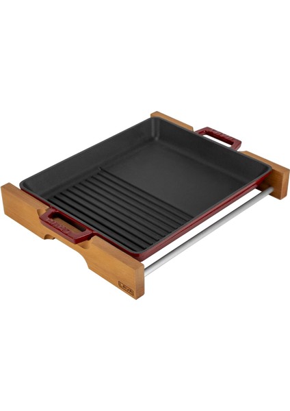 Döküm Dikdörtgen Hibrit Izgara Tavası Kayın Servis Ahşabı Döküm Demir Yekpare Çift Kulplu Ölçü 26X32CM.-BORDO fiyatları