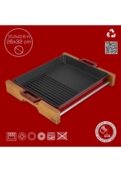 Döküm Dikdörtgen Hibrit Izgara Tavası Kayın Servis Ahşabı Döküm Demir Yekpare Çift Kulplu Ölçü 26X32CM.-BORDO fırsatları