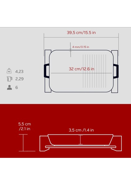 Döküm Dikdörtgen Hibrit Izgara Tavası Kayın Servis Ahşabı Döküm Demir Yekpare Çift Kulplu Ölçü 26X32CM.-BORDO indirimleri