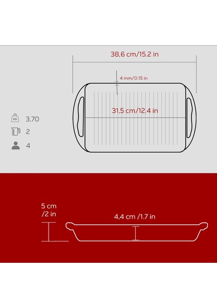 Döküm Dikdörtgen Izgara Tavası Döküm Demir Yekpare Çift Kulplu Ölçü 22X32CM.-BORDO indirimleri