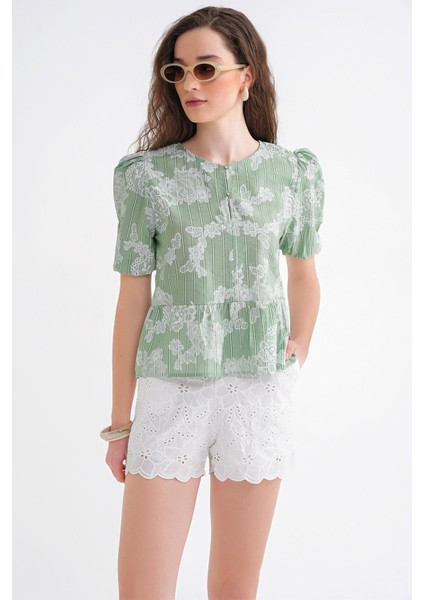 4701 Kadın Çiçek Baskılı Peplum Bluz Çağla fiyatları