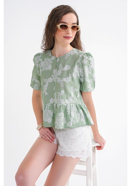 4701 Kadın Çiçek Baskılı Peplum Bluz Çağla modelleri